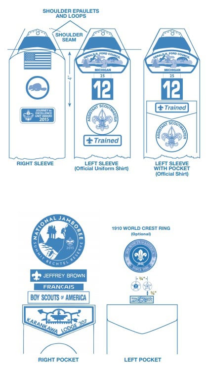 Official Boy Scouts uniform patches and pockets for district awards recognition.