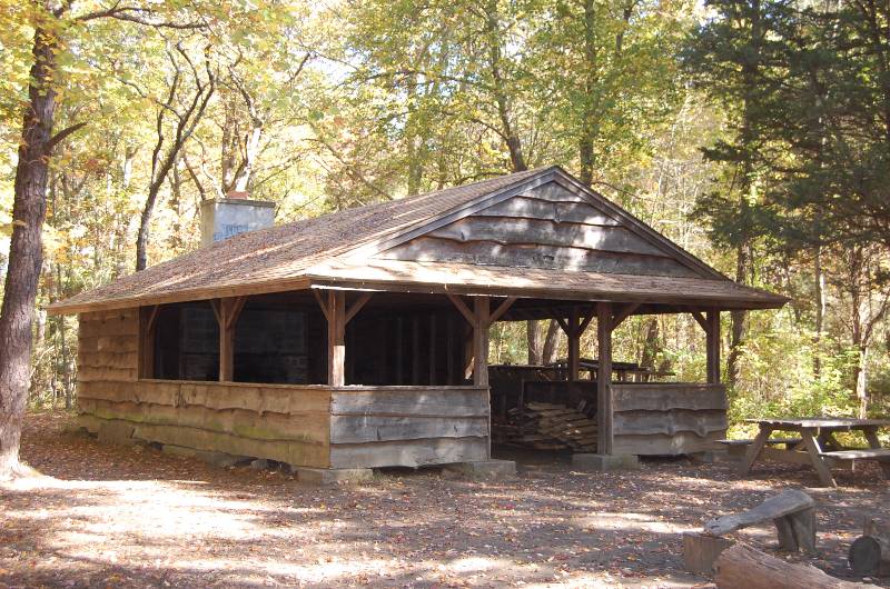 Rustic cabin at Camp Aquapaug, part of Narragansett Council, surrounded by trees.