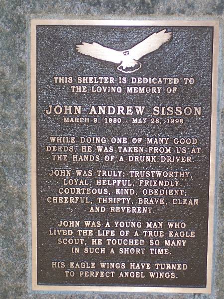 Scout shelter honoring John Andrew Sisson at Camp Aquapaug, Narragansett Council.