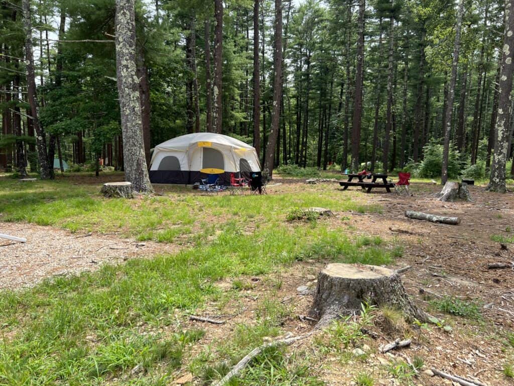 Camping tent set up in a forested area during Cub Together Weekends.