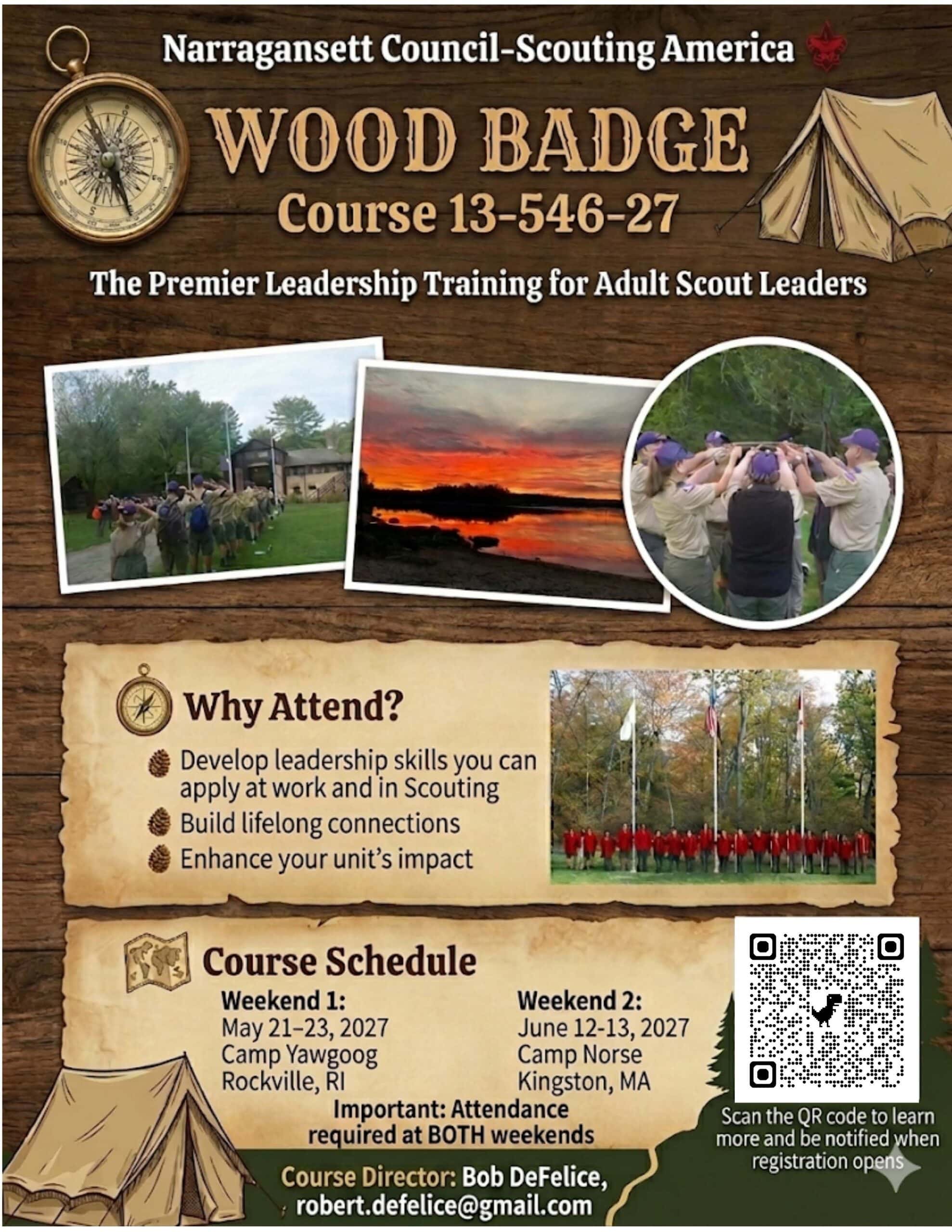 Flyer for Narragansett Council Wood Badge course N1-546-27 with course dates, location, and registration details