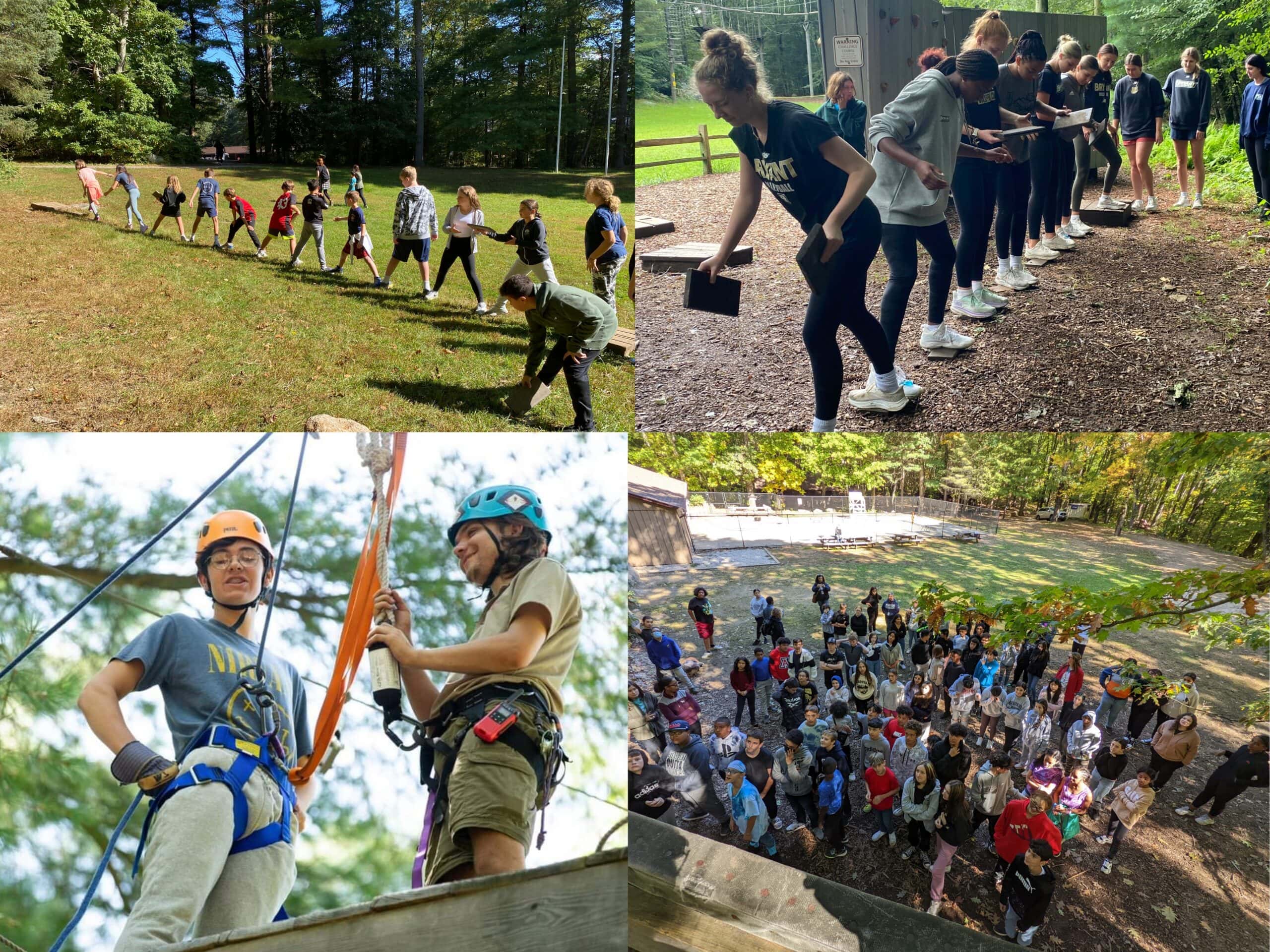 Group working through a ropes course challenge