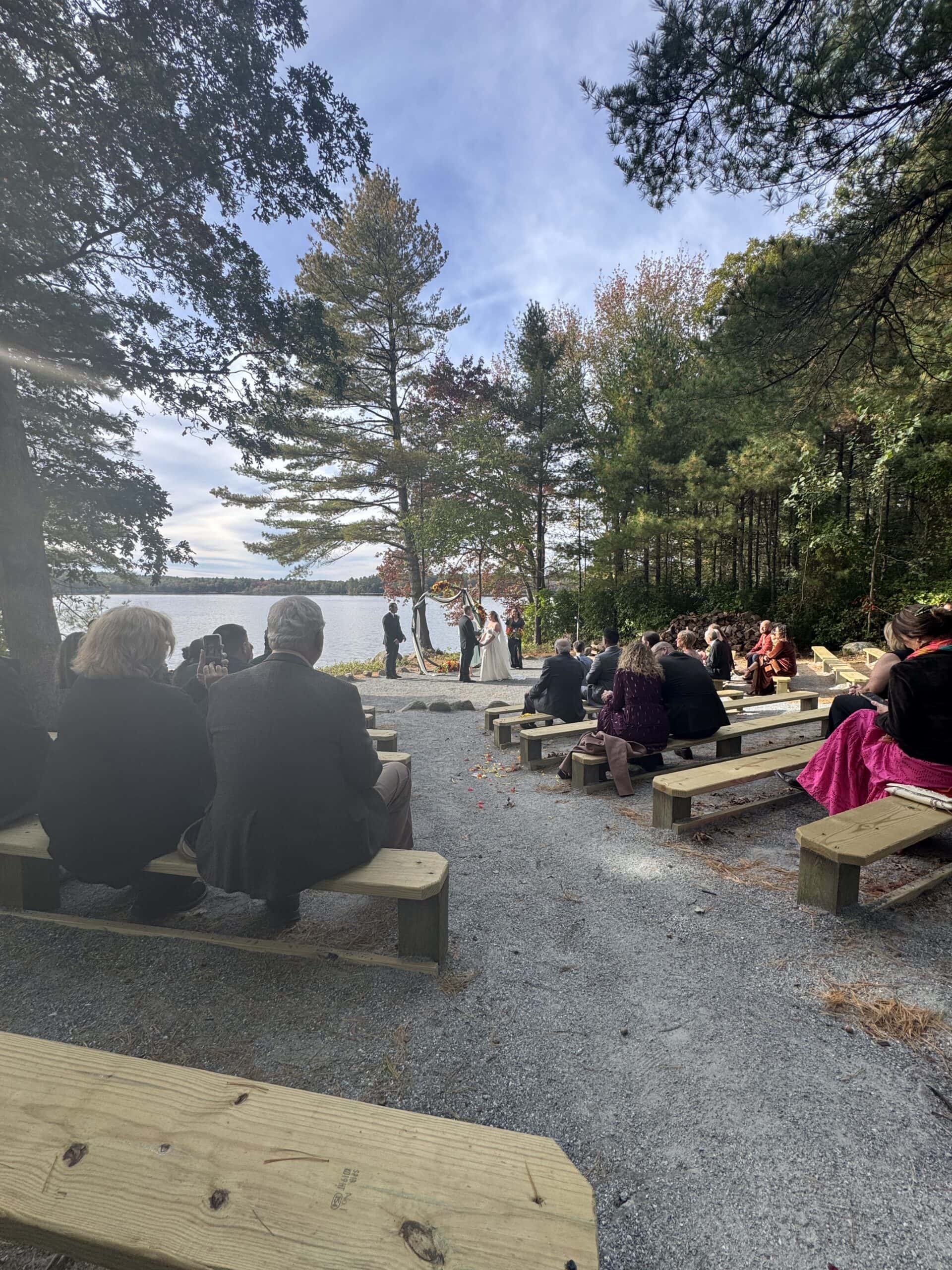 Wedding ceremony at the pond at Camp Yawgoog